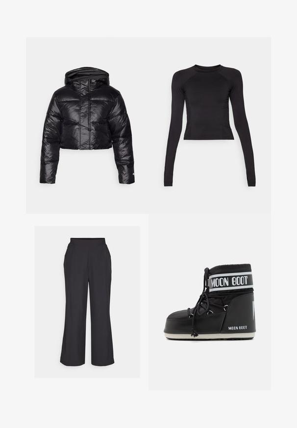 Cropped black puffer jacket with a shiny finish, a hood, and horizontal quilted pattern. Features elastic cuffs and a front zipper.; Black long-sleeve crop top made of stretchy fabric, featuring a round neckline and raglan sleeves with subtle seam detailing.; Black wide-leg pants with an elastic waistband, two side pockets, and a smooth, lightweight texture. Simple design, no visible patterns.; Black Moon Boot with a padded upper, secured by laces and a distinctive white band featuring the logo. Thick, textured rubber sole.