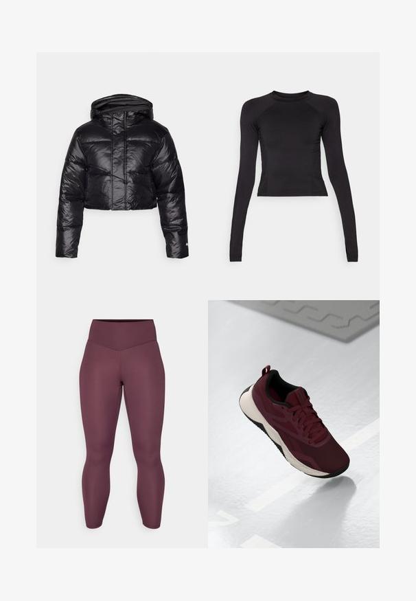 Zkrátená čierna puffer bunda s lesklým povrchom, kapucňou a vodorovným prešívaním. Obsahuje elastické manžety a predný zips.; Čierny dlhý rukáv crop top vyrobený z elastického materiálu, s okrúhlym výstrihom a raglánovými rukávmi so jemnými švom.; Legíny s vysokým pásom a priliehavým strihom v bohatej burgundskej farbe. Vyrobené z hladkej, elastickej látky, bez viditeľných vzorov alebo kovania.; Bordová športová obuv s textilným vrchom, čiernymi akcentmi a polstrovanou bielou podrážkou. Obsahuje šnúrku na zaviazanie a pútko na päte.