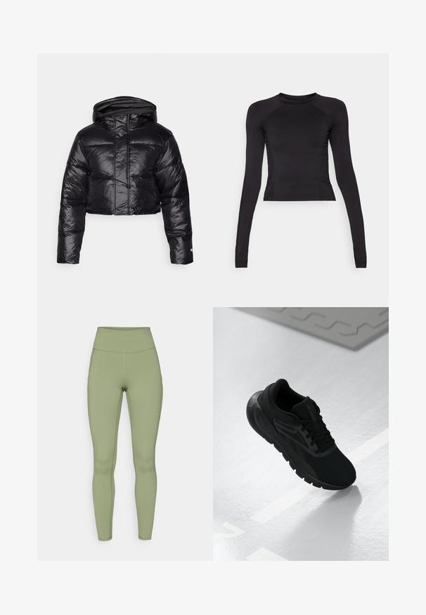 Jachetă puffer scurtă, de culoare neagră, cu un finisaj lucios, glugă și model matlasat orizontal. Are manșete elastice și un fermoar frontal.; Crop top negru cu mânecă lungă, realizat dintr-un material elastic, având un gât rotund și mâneci raglan cu detalii subtile la cusături.; Leggings cu talie înaltă, de culoare verde măslin. Fabricate dintr-un material elastic cu o textură netedă, cu cusături pe lungimea picioarelor.; Pantof de atletism negru cu un material superior din plasă, vârf rotund, talpă cu amortizare și accente texturate, plasat pe o suprafață albă netedă.