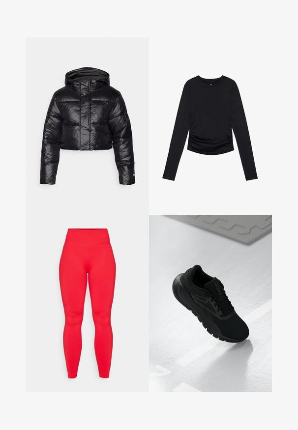 Zkrátená čierna puffer bunda s lesklým povrchom, kapucňou a vodorovným prešívaním. Obsahuje elastické manžety a predný zips.; Čierny top s dlhým rukávom a okrúhlym výstrihom, s riasením po stranách, vystavený na jednofarebnom bielom pozadí.; Červené legíny vysokej pása vyrobené z elastického materiálu, so hladkou textúrou a priliehavým strihom, ktorý sa zužuje pri členkoch.; Čierna atletická obuv s sieťovaným vrchom, okrúhlou špičkou, polstrovanou podrážkou a textúrovanými detailami, umiestnená na hladkom bielom povrchu.