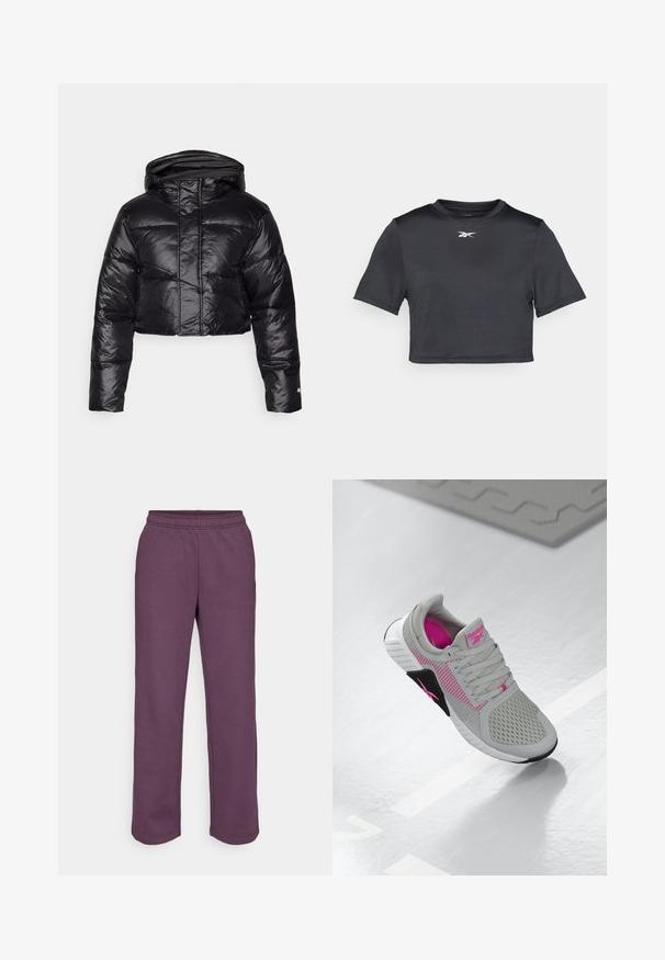 Afskåret sort pufferjakke med en blank finish, hætte og horisontal quiltet mønster. Har elastiske manchetter og en frontlynlås.; Sort cropped atletisk t-shirt lavet af et glat, let materiale. Har korte ærmer og en rund halsudskæring med et hvidt logo trykt på brystet.; Fabletics COZY WIDE LEG SWEATPANT - Træningsbukser - deep plum; Grå og pink Reebok sportssko med mesh-overdel og detaljeret sål, vist på en reflekterende hvid overflade.