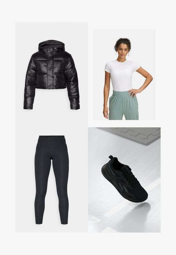 Lühendatud must pufferjope läikiva viimistlusega, kapuuts ja horisontaalne tikand. Omab elastseid randmeosi ja ees olevat tõmblukk.; Valge lühikeste varrukatega T-särk, millel on sobiv lõige, kombineeritud helesiniste elastsete vöökohtpükstega. Sile tekstuur, minimalistlik disain ja nähtavaid mustreid pole.; Mustad retuus, millel on venivatest kangast, kõrge vöökoht, sile tekstuur ja keha toetav lõige. Mitte mingeid nähtavaid mustreid ega varustust.; Must mustus jalanõud, millel on võrgusilma ülemine osa, tekstuursete detailide ja tasase taldade kujuga. Mootoriga brändimine ja tõmbeaas jalatalla juures.