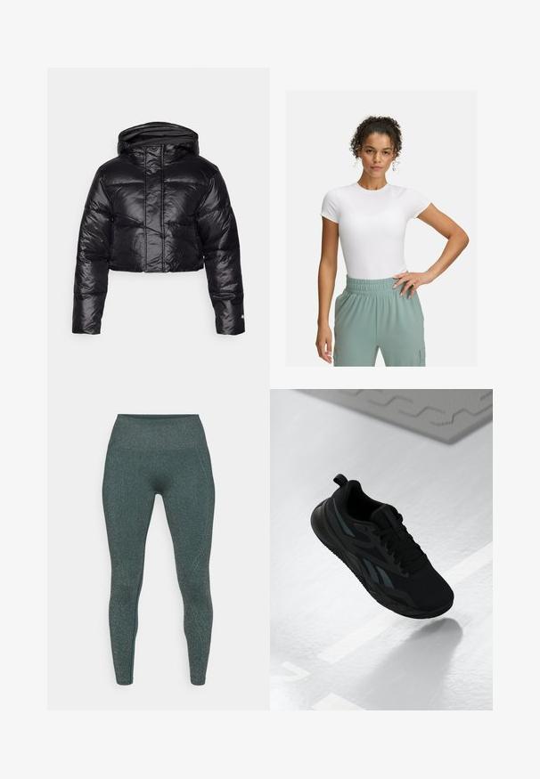 Cropped black puffer jacket with a shiny finish, a hood, and horizontal quilted pattern. Features elastic cuffs and a front zipper.; White fitted t-shirt with short sleeves, paired with light green elastic waistband pants. Smooth texture, minimalist design, and no visible patterns.; Dark teal leggings with a metallic shimmer. High-waisted design, smooth texture, and figure-hugging fit. No visible seams or patterns.; Black athletic shoe with a mesh upper, featuring textured accents and a flat sole shape. Includes tonal branding and a pull tab at the heel.