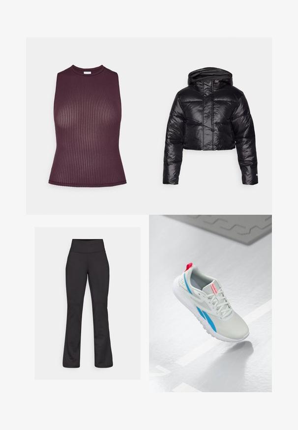 Fekete, fényes felületű, cropped pehelydzseki kapucnival és vízszintes steppelt mintával. Rugalmas mandzsettákkal és elöl cipzárral rendelkezik.; Burgundi bordázott ujjatlan felső magas nyakkivágással, testhezálló fazonnal és sima textúrával. Tiszta, befejezett szegéllyel rendelkezik.; Fekete, bővülő jóga nadrág rugalmas anyagból. Magas derék, sima textúra, és nincsenek látható minták vagy fémrészletek.; Fehér és kék Reebok sneaker piros húzófüllel, amely egy fényes padló fölött lebeg, mellette egy szürke gumiszőnyeg található.