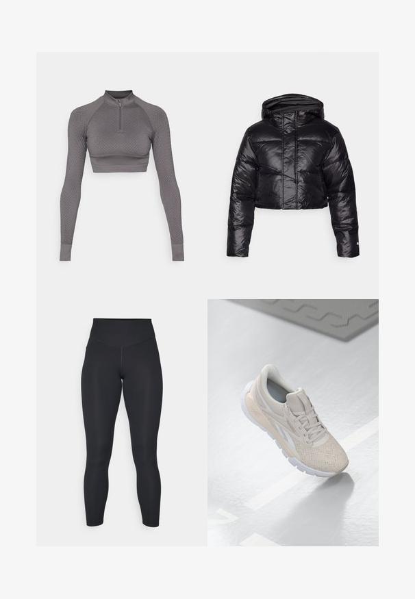 Lühendatud must pufferjope läikiva viimistlusega, kapuuts ja horisontaalne tikand. Omab elastseid randmeosi ja ees olevat tõmblukk.; Hallide halli pikepikkade varrukatega topp poolsihriga, tekstuuriga mustriga ja figureeriva disainiga; varrukatel on soonilised äärised ja kõrge kaelus.; Mustad kõrge vöökohaga mustad retuusid, silmadele siledat tekstuuri ja hästi istuv disain. Omab tasaseid õmblusi ja ulatuslikku katvust, ilma mustriteta.; Heledad beež spordijalanõud perforatsiooni, tekstuursete aktsentide, pehmendatud krae ja valge kummitaldiga, disainitud mugavuse ja hingavuse tagamiseks.