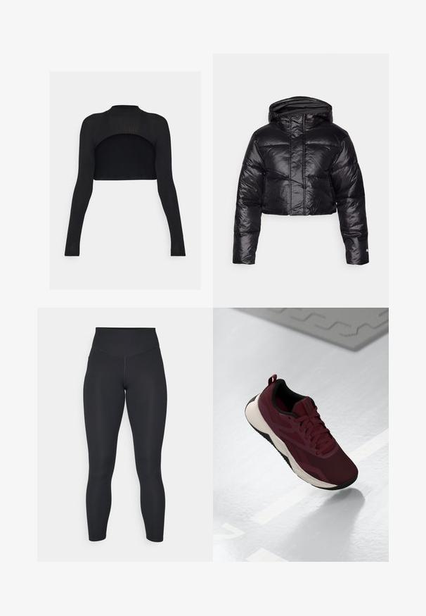 Giacca a vento nera corta con finitura lucida, cappuccio e motivo a quadri orizzontali. Presenta polsini elasticizzati e una zip frontale.; Crop top nero a coste con maniche lunghe, collo alto e design con schiena scoperta. Texture liscia con silhouette aderente.; Leggings neri con vita alta, texture liscia e design aderente. Presentano cuciture piatte e copertura completa senza motivi.; Scarpa atletica color borgogna con tomaia in rete, dettagli neri e suola bianca ammortizzata. Presenta chiusura con lacci e una linguetta sul tallone.