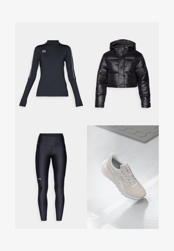 Juodasis trumpas pūkinis švarkas su blizgiu paviršiumi, gobtuvu ir horizontalia siūlų rašo struktūra. Yra elastiniai rankogaliai ir priekinis užtrauktukas.; Juodas ilgomis rankovėmis sportinis viršus su apsaugine apykakle, su baltomis šoninėmis juostelėmis ir mažą logotipą viršutiniame kairiajame krūtinės kampe. Minkšta, tampri medžiaga.; Juodos leggingai, pagaminti iš lygaus, elastingo audinio su aukštu juosmeniu. Kairiajame šlaunyje yra baltas logotipas ir tvirta konstrukcija.; Šviesiai smėliniai sportiniai batai su perforuotu viršumi, tekstūruotomis detalėmis, paminkštintu apvadu ir balta guma, sukurti komfortui ir kvėpuojamumui.