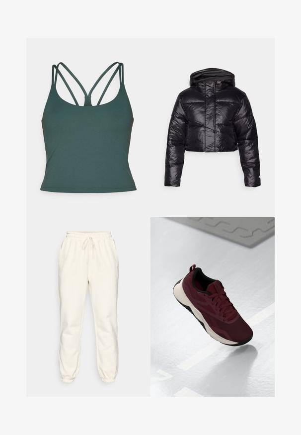 Cropped black puffer jacket with a shiny finish, a hood, and horizontal quilted pattern. Features elastic cuffs and a front zipper.; Fabletics PRINCIPAL BUILT IN BRA TANK - Top - everpine; Cream-colored sweatpants made of soft fabric, featuring an elastic waistband with drawstring, side pockets, and tapered cuffs at the ankles.; Maroon athletic shoe with mesh upper, black accents, and a cushioned white sole. Features lace-up closure and pull tab at the heel.