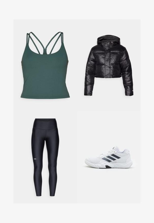 Avskuren svart pufferjacka med en glänsande yta, huva och horisontell quiltad mönstring. Har elastiska ärmslut och dragkedja framtill.; Fabletics PRINCIPAL BUILT IN BRA TANK - Linne - everpine; Svarta leggings i ett smidigt, stretchigt material med hög midja. Har en vit logotyp på vänstra låret och en åtsittande design.; Vit sportskor med mesh-överdel, tre svarta ränder på sidan, texturerade detaljer och en stadig gummisula med en kontrasterande svart del.