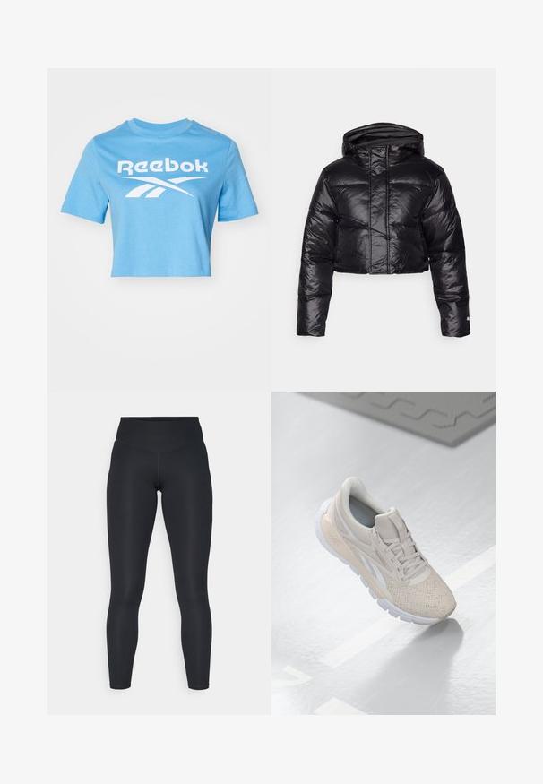 Izgriezta melna pūkainā jakas ar spīdīgu apdari, ar kapuci un horizontālu paklāju rakstu. Iekļauj elastīgus piedurkņu galus un priekšējo rāvējslēdzēju.; Gaiši zila īsā t-kreklā, kas izgatavota no kokvilnas, ar baltu Reebok logotipu un grafisko dizainu. Īsām piedurknēm un apaļu kakla izgriezumu.; Melni legingi, kas izgatavoti no elastīga auduma, ar augstu jostas vietu, gludu virsmu un ķermeni pieguļošu piegriezumu. Nav redzamu rakstu vai detaļu.; Gai bēša sporta apavi ar caurumiņiem augšdaļā, teksturētiem akcentiem, mīkstu apkakli un baltu gumijas zoli, kas paredzēti komfortam un gaisa caurlaidībai.