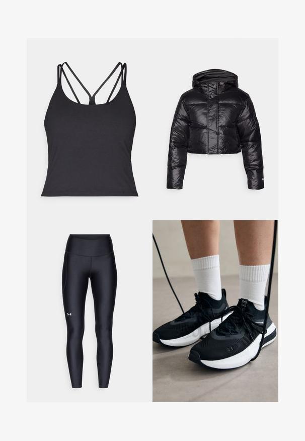 Veste doudoune noire courte avec une finition brillante, une capuche et un motif matelassé horizontal. Dispose de poignets élastiques et d'une fermeture éclair à l'avant.; Débardeur noir avec de fines bretelles et un design croisé dans le dos. Fabriqué en matériau doux et extensible avec une silhouette ajustée.; Leggings noirs en matière lisse et extensible avec une taille haute. Présentent un logo blanc sur la cuisse gauche et un design ajusté.; Chaussures de sport noires en tissu texturé, avec une semelle blanche et des lacets noirs. Portées avec des chaussettes blanches côtelées, debout sur une surface claire.