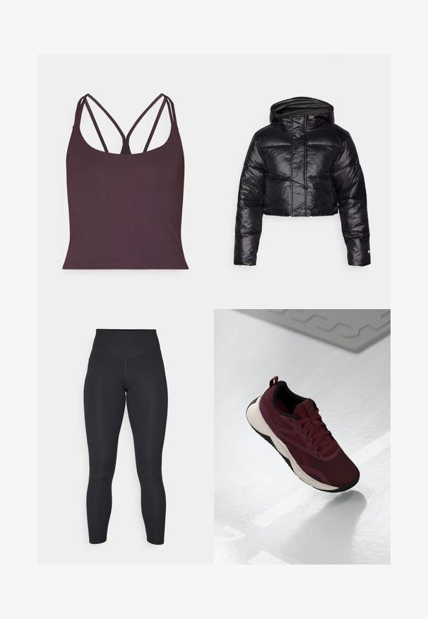 Giacca a vento nera corta con finitura lucida, cappuccio e motivo a quadri orizzontali. Presenta polsini elasticizzati e una zip frontale.; Top senza maniche di colore viola scuro realizzato in tessuto morbido, con sottili spalline doppie e scollatura arrotondata. Orlo senza cuciture nella parte inferiore.; Leggings neri con vita alta, texture liscia e design aderente. Presentano cuciture piatte e copertura completa senza motivi.; Scarpa atletica color borgogna con tomaia in rete, dettagli neri e suola bianca ammortizzata. Presenta chiusura con lacci e una linguetta sul tallone.