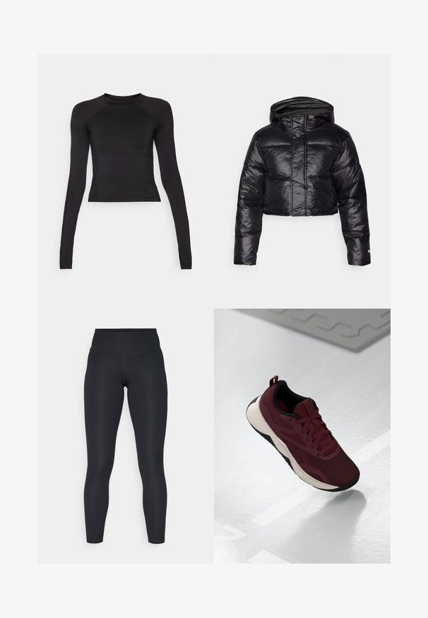 Juodasis trumpas pūkinis švarkas su blizgiu paviršiumi, gobtuvu ir horizontalia siūlų rašo struktūra. Yra elastiniai rankogaliai ir priekinis užtrauktukas.; Juodas ilgomis rankovėmis trumpas viršus, pagamintas iš elastingos medžiagos, su apvalia kaklo iškirpte ir raglan rankovėmis su subtiliais siūlių akcentais.; Juodi leggingai, pagaminti iš elastingos medžiagos, su aukštu juosmeniu, lygiu paviršiumi ir apglėbiančiu siluetu. Nėra matomų raštų ar aparatūros.; Burgundi spalvos sportiniai bateliai su tinklelio viršumi, juodais akcentais ir paminkštintu baltu padu. Turintys raištelių uždarymą ir pakėlimo juostelę ant kulno.