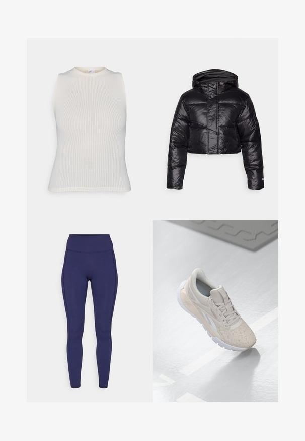 Gekürzte schwarze Pufferjacke mit glänzender Oberfläche, einer Kapuze und horizontalem Steppmuster. Verfügt über elastische Bündchen und einen Reißverschluss auf der Vorderseite.; Weißes geripptes ärmelloses Oberteil mit Rundhalsausschnitt. Es hat ein enganliegendes Design und eine glatte Textur. Keine zusätzlichen Muster oder Akzente sichtbar.; Marineblaue High-Waist-Leggings aus dehnbarem Stoff. Mit flachen Nähten und enger Passform, ausgestattet mit zwei seitlichen Taschen zur Aufbewahrung.; Hellbeige Sportschuh mit einem perforierten Obermaterial, strukturierten Akzenten, gepolstertem Schaftrand und weißer Gummisohle, entworfen für Komfort und Atmungsaktivität.