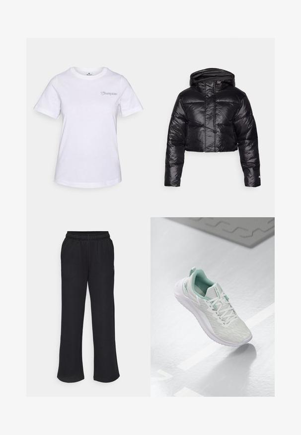 Casaco puffer preto cropped com um acabamento brilhante, capuz e padrão acolchoado horizontal. Apresenta punhos elásticos e um fecho frontal.; T-shirt branca de algodão com mangas curtas, apresentando um pequeno logótipo bordado "Champion" em roxo claro no lado esquerdo do peito.; Mangas de desporto pretas com uma forma ampla, cintura elástica e bolsos laterais. Feitas de um tecido macio, sem padrões ou detalhes visíveis.; Sapatilha atlética cinza claro com parte superior em malha texturizada, detalhes em verde menta, atacadores brancos, sola de borracha e etiqueta de puxar no calcanhar.