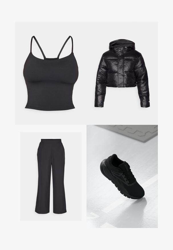 Jachetă puffer scurtă, de culoare neagră, cu un finisaj lucios, glugă și model matlasat orizontal. Are manșete elastice și un fermoar frontal.; Camisolă ajustată neagră, realizată dintr-un material neted, cu bretele subțiri și o guler rotund, fără modele sau accente suplimentare.; Pantaloni largi negri cu talie elastică, două buzunare laterale și o textură netedă, ușoară. Design simplu, fără modele vizibile.; Pantof de atletism negru cu un material superior din plasă, vârf rotund, talpă cu amortizare și accente texturate, plasat pe o suprafață albă netedă.