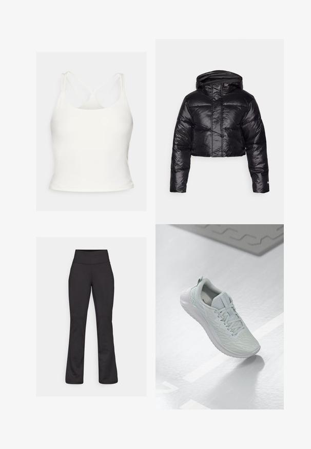 Cropped black puffer jacket with a shiny finish, a hood, and horizontal quilted pattern. Features elastic cuffs and a front zipper.; Fabletics PRINCIPAL BUILT IN BRA TANK - Top - bone; Black flared yoga pants made of stretchy material. High waistband, smooth texture, and no visible patterns or hardware details.; Light gray athletic shoe with a textured mesh upper, lace-up design, cushioned sole, and minimal branding detail.