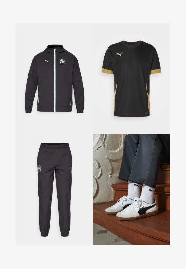 Schwarze, leichte Jacke mit Kapuze, ausgestattet mit einem Frontreißverschluss, weißem Puma-Logo und einem Marseille-Design auf der Brust, elastischen Bündchen und seitlichen Taschen.; Schwarzes Sport-T-Shirt mit goldenen Akzenten an denÄrmeln und an der Seite. Verfügt über einen Rundhalsausschnitt, kurze Ärmel und feuchtigkeitsableitendes DRYCELL-Gewebe.; Schwarze Sporthose aus leichtem Stoff. Sie verfügt über einen elastischen Bund, Seitentaschen und graue Logos auf beiden Seiten.; Puma-Sneaker aus weißem und schwarzem Wildleder mit einer braunen Gummisohle. Kombiniert mit weißen Socken, die ein schwarzes Logo zeigen, getragen zu dunklen Hosen.