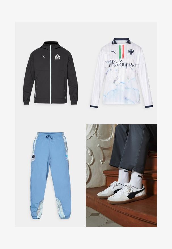 Casaco leve e preto com capuz, apresentando um fecho de correr à frente, logotipo branco da Puma e design de Marselha no peitoral, punhos elásticos e bolsos laterais.; Camisola de manga comprida branca com um design riscado, apresentando padrões de nuvens azuis, riscas verdes e vermelhas, e o texto "KidSuper". Detalhes em azul-marinho na gola.; Calças de treino azul claro com uma cintura elástica, bolsos laterais e detalhes de padrão abstrato nas laterais inferiores. Apresenta detalhes com o logótipo.; Ténis Puma em camurça branca e preta, com uma sola de borracha castanha. Combinados com meias brancas exibindo um logótipo preto, usados com calças escuras.
