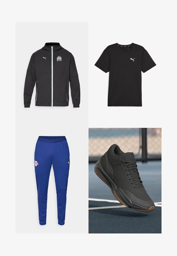 Svart lätt jacka med huva, med dragkedja fram, vit Puma-logotyp och Marseille-design på bröstet, elastiska manschetter och sidofickor.; Svart kortärmad tränings-T-shirt i syntetmaterial, med en vit Puma-logotyp på övre vänstra bröstet. Slät textur, rund hals.; Blå träningsbyxor i lätt tyg, med elastisk midjeband, sidofickor och logotyper i vita och gula accenter.; Svart sportskor med en slät syntetisk ovandel, strukturerade detaljer och en sula i gummigummi, designad för prestanda och komfort.