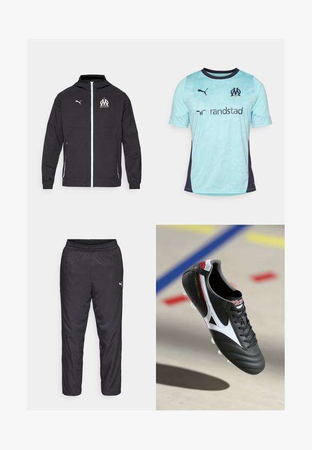 Svart lett jakke med hette, med glidelås foran, hvit Puma-logo og Marseille-design på brystet, elastiske mansjetter og sidelommer.; Lyseblå fotballskjorte med korte ermer og mørk marineblå detaljer, med et strukturert mønster, rund hals og logoer på brystet og ermene.; Sorte treningsbukser laget av glatt, lett materiale. Har elastisk midjebånd og en liten hvit logo på venstre side.; Sorte og hvite fotballsko med en glatt læroverdel, hvite detaljer, en strukturert tåboks og runde pigger for grep.