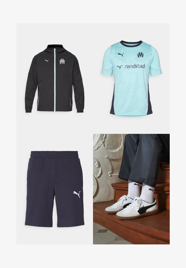 Svart lett jakke med hette, med glidelås foran, hvit Puma-logo og Marseille-design på brystet, elastiske mansjetter og sidelommer.; Lyseblå fotballskjorte med korte ermer og mørk marineblå detaljer, med et strukturert mønster, rund hals og logoer på brystet og ermene.; Marineblå shorts laget av myk tekstil med elastisk midjebånd. Har en hvit Puma-logo på venstre ben. Standard passform, kne-lengde design.; Puma-sneakers i hvitt og svart semsket skinn, med en brun gummisåle. Kombinert med hvite sokker med en svart logo, båret med mørke bukser.