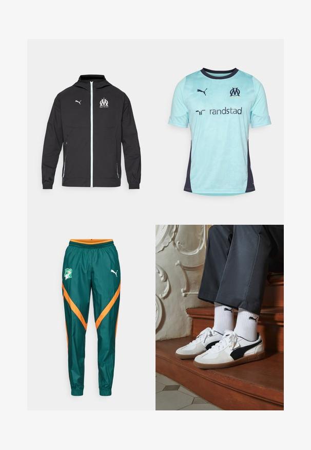 Sort letvægtsjakke med hætte, der har en foran lynlås, hvid Puma-logo og Marseille-design på brystet, elastiske manchetter og sidelommer.; Lyseblå kortærmet fodboldtrøje med mørkeblå detaljer, prydet med et struktureret mønster, rund halsudskæring og logoer på brystet og ærmerne.; Grønne træningsbukser med orange chevron-striber, en elastisk kant i livet og et logo-patch på venstre lår. Lavet af glat stof.; Puma sneakers i hvid og sort ruskind med en brun gummisål. Bæres med hvide sokker med et sort logo og mørke bukser.