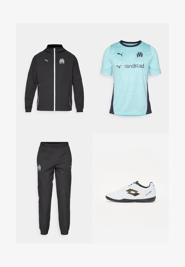 Črna lahka jakna s kapuco, ki ima sprednji zadrgo, belo Puma logo in Marseille dizajn na prsih, elastične manšete in stranske žepke.; Svijetloplava kratkosleeve nogometna majica s tamnoplavim naglascima, s teksturiranim uzorkom, okruglim izrezom i logotipima na prsima i rukavima.; Črne športne hlače iz lahkega materiala. Imajo elastičen pas, stranske žepe in sivo logotipiranje na vsaki strani.; Bele športne čevlje z črnimi in rumenimi detajli, z teksturiranim zgornjim delom, okroglo konico in črnim gumijastim podplatom. Oblikovanje vključuje logotip na strani.