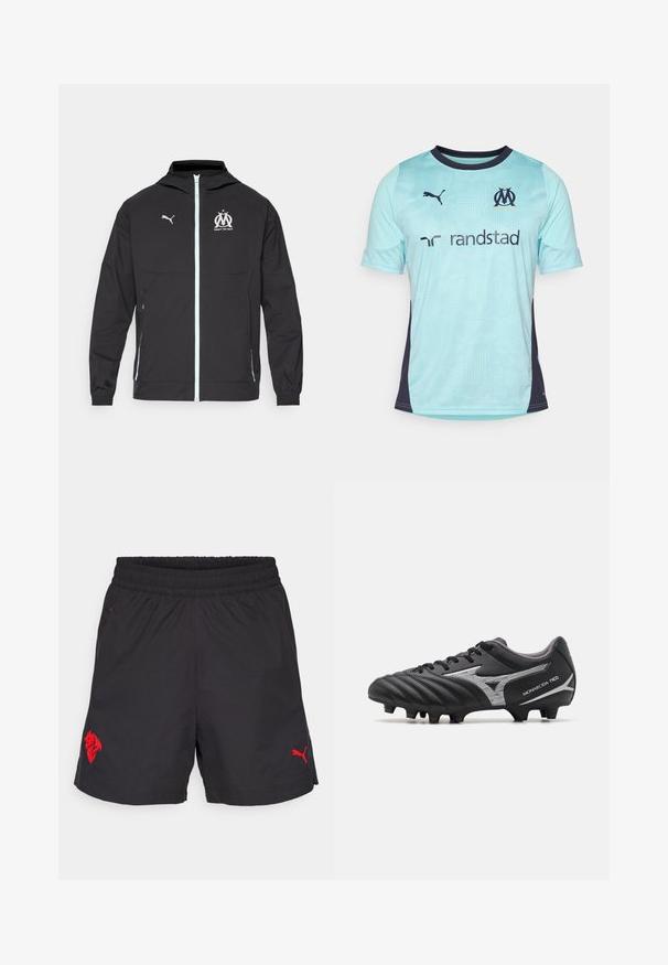 Musta kevyt takki hupulla, jossa on etuvetoketju, valkoinen Puma-logo ja Marseille-suunnittelu rinnassa, joustavat hihansuut ja sivutaskut.; Vaalean sininen lyhythihainen jalkapallopaita, jossa on tummansinisiä yksityiskohtia, teksturoitu kuvio, pyöreä kaula-aukko ja logot rinnassa ja hihoissa.; Mustat urheilushortsit, joissa on joustava vyötärönauha, punainen leijonalogo ja punainen Puma-logo alareunassa. Kevyt kangas, sileä pinta.; Musta jalkapallokenkä, jossa on teksturoitu synteettinen päällinen, hopeiset yksityiskohdat ja nauhakiinnitys. Varustettu muotoillulla pohjalla, jossa on näkyviä nappuloita pidon parantamiseksi.
