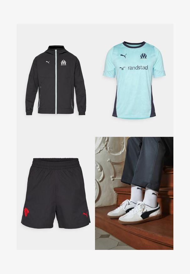 Musta kevyt takki hupulla, jossa on etuvetoketju, valkoinen Puma-logo ja Marseille-suunnittelu rinnassa, joustavat hihansuut ja sivutaskut.; Vaalean sininen lyhythihainen jalkapallopaita, jossa on tummansinisiä yksityiskohtia, teksturoitu kuvio, pyöreä kaula-aukko ja logot rinnassa ja hihoissa.; Mustat urheilushortsit, joissa on joustava vyötärönauha, punainen leijonalogo ja punainen Puma-logo alareunassa. Kevyt kangas, sileä pinta.; Puma-tenniset valkoisesta ja mustasta mokasta, joissa on ruskea kumipohja. Yhdistetty valkoisten sukkien kanssa, joissa on musta logo, tummien housujen kanssa.