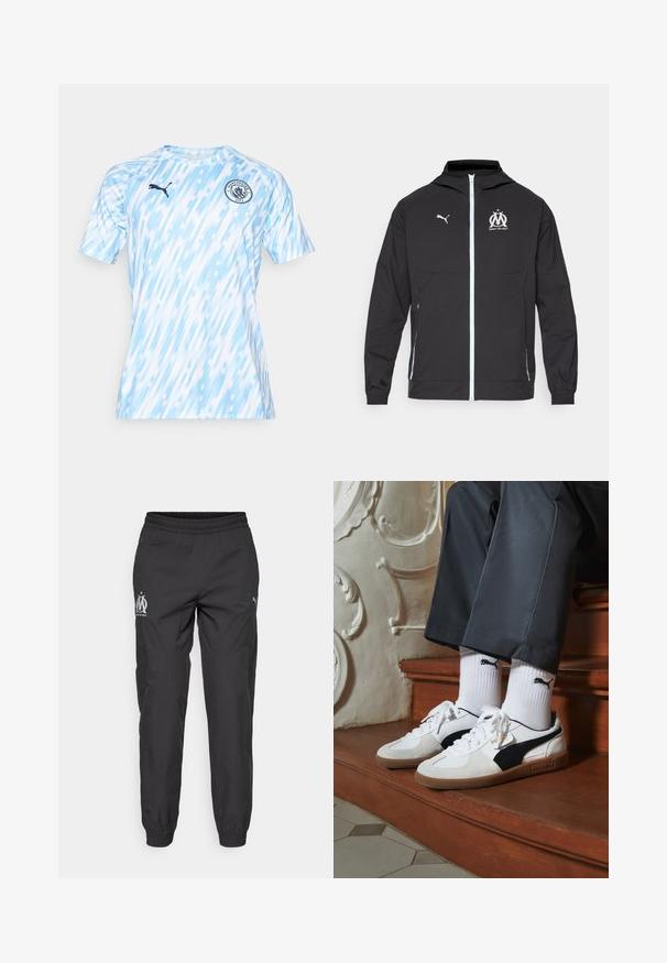 Svart lett jakke med hette, med glidelås foran, hvit Puma-logo og Marseille-design på brystet, elastiske mansjetter og sidelommer.; Kortermet, lyseblå fotballtrøye med diagonalt mønster, svart Puma-logo og Manchester City-merke på brystet. Fukttransporterende stoff.; Svarte treningse pants laget av lett materiale. Har elastisk midje, sidelommer og logoer i grått på hver side.; Puma-sneakers i hvitt og svart semsket skinn, med en brun gummisåle. Kombinert med hvite sokker med en svart logo, båret med mørke bukser.