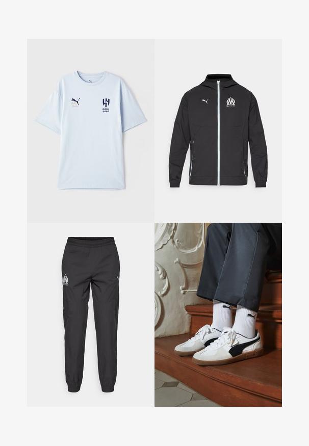 Black lightweight jacket with a hood, featuring a front zipper, white Puma logo, and Marseille design at chest, elastic cuffs, and side pockets.; Light blue short-sleeve t-shirt made of soft fabric, featuring a dark blue logo on the chest and embroidered details.; Black athletic pants made of lightweight fabric. Features an elastic waistband, side pockets, and logos in grey on each side.; Puma sneakers in white and black suede, featuring a brown rubber sole. Paired with white socks displaying a black logo, worn with dark pants.