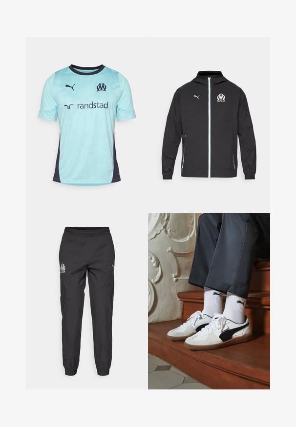 Juoda lengva striukė su kapišonu, turinti priekinį užtrauktuką, baltą Puma logotipą ir Marseilio dizainą krūtinėje, elastingas rankogaliai ir šoninės kišenės.; Šviesiai mėlyna trumpomis rankovėmis futbolo marškinėliai su tamsiai mėlynomis detalėmis, turintys tekstūruotą raštą, apvalią iškirptę ir logotipus ant krūtinės bei rankovių.; Juodos sportinės kelnės, pagamintos iš lengvos medžiagos. Turi elastinę juosmenį, šonines kišenes ir pilkas logos kiekvienoje pusėje.; Puma sportbačiai baltoje ir juodoje zomšo spalvų derinys, su rudu guminio pado apdaila. Derinama su baltais kojiniais, kuriuose pavaizduota juoda logotipas, dėvimi su tamsiomis kelnėmis.