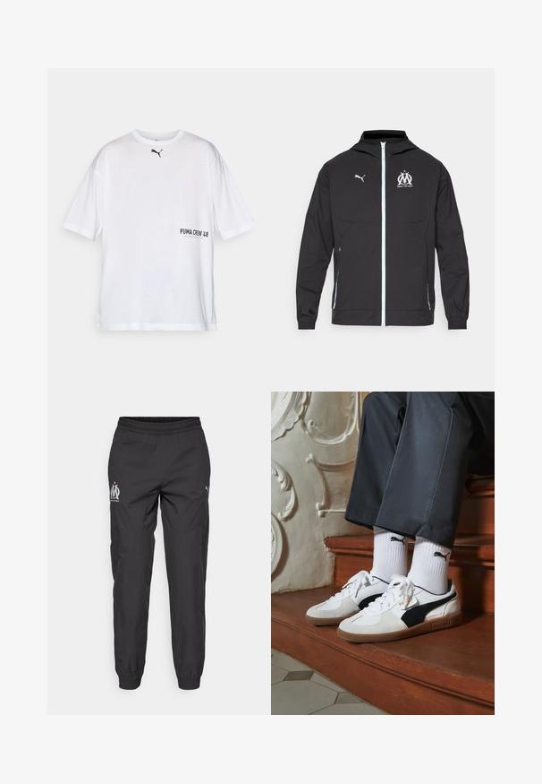 Musta kevyt takki hupulla, jossa on etuvetoketju, valkoinen Puma-logo ja Marseille-suunnittelu rinnassa, joustavat hihansuut ja sivutaskut.; Valkoinen puuvillapaita lyhyillä hihoilla, pyöreällä kaula-aukolla, jossa on pieni musta Puma-logo ja "PUMA CREW 48" mustana painettuna etuosassa.; Mustat urheiluhousut, jotka on valmistettu kevyestä kankaasta. Omnisyöksy-elastinen vyötärö, sivutaskut ja harmaat logot kummallakin puolella.; Puma-tenniset valkoisesta ja mustasta mokasta, joissa on ruskea kumipohja. Yhdistetty valkoisten sukkien kanssa, joissa on musta logo, tummien housujen kanssa.