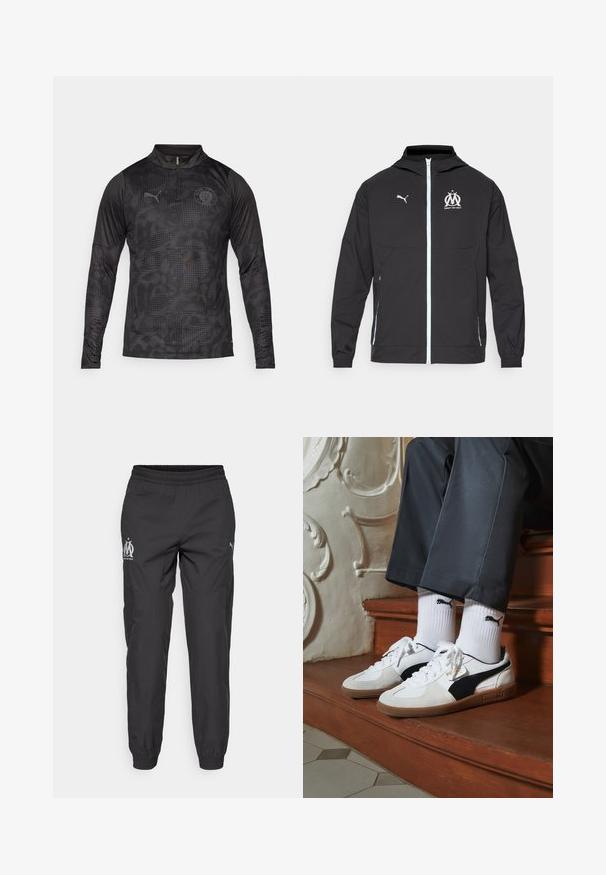 Svart lätt jacka med huva, med dragkedja fram, vit Puma-logotyp och Marseille-design på bröstet, elastiska manschetter och sidofickor.; Långärmad svart träningströja med zip-krage, som har ett texturerat prickmönster och broderad logotyp på bröstet och vänster ärm.; Svarta träningsbyxor i lättviktsmaterial. Har en elastisk midja, sidofickor och grå logotyper på varje sida.; Puma-sneakers i vit och svart mocka, med en brun gummisula. Kombinerade med vita strumpor som visar upp en svart logotyp, bärs tillsammans med mörka byxor.