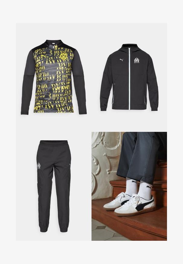 Zwarte lichtgewicht jas met capuchon, voorzien van een frontzipper, wit Puma-logo en Marseille-ontwerp op de borst, elastische manchetten en zijzakken.; Langarm sportshirt met een zwart-geel grafisch patroon, ritskraag en logo op de voorkant, gemaakt van ademend materiaal.; Zwarte sportbroek van lichtgewicht stof. Voorzien van een elastische tailleband, zijzakken en grijze logo's aan elke zijde.; Puma sneakers in wit en zwart suède, met een bruine rubberen zool. Gecombineerd met witte sokken met een zwart logo, gedragen met donkere broek.