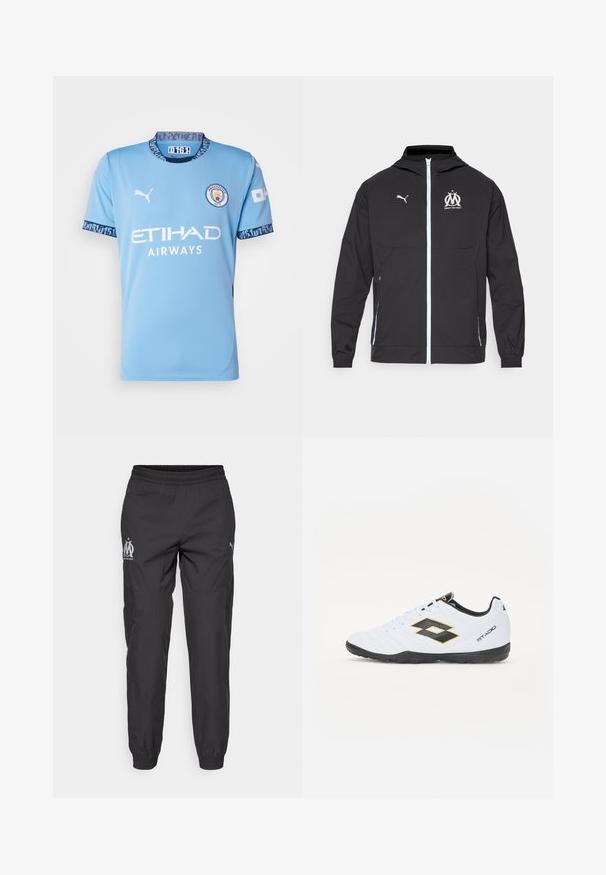 Veste légère noire avec capuche, dotée d'une fermeture éclair frontale, d'un logo Puma blanc et d'un design Marseille sur la poitrine, des poignets élastiques et des poches latérales.; Maillot de football bleu clair à manches courtes, arborant le logo Puma, l'inscription "ETIHAD AIRWAYS" et des accents à motifs sur le col et les manches.; Pantalons de sport noirs en tissu léger. Dotés d'une taille élastique, de poches latérales et de logos gris de chaque côté.; Baskets blanches avec des accents noirs et jaunes, dotées d'un dessus texturé, d'un embout rond et d'une semelle en caoutchouc noire. Le design comprend un détail de logo sur le côté.