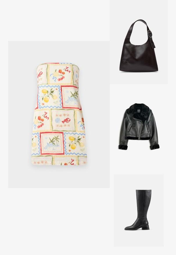 Veste de motard en simili cuir noir avec col, poignets et ourlet en fourrure douce, dotée d'une fermeture éclair diagonale et de deux poches avant zippées.; Robe sans bretelles en tissu léger présentant un patchwork coloré de fruits et de scènes côtières, avec des bordures en forme de vagues et une palette de couleurs pastel.; Bottillon en cuir noir hauteur genou avec un bout arrondi et un petit talon carré. Présente une texture lisse et des détails de couture minimaux.; Sac en cuir marron porté épaule avec une texture lisse, une forme arrondie, une large sangle et un accent métallique circulaire sur la poignée.