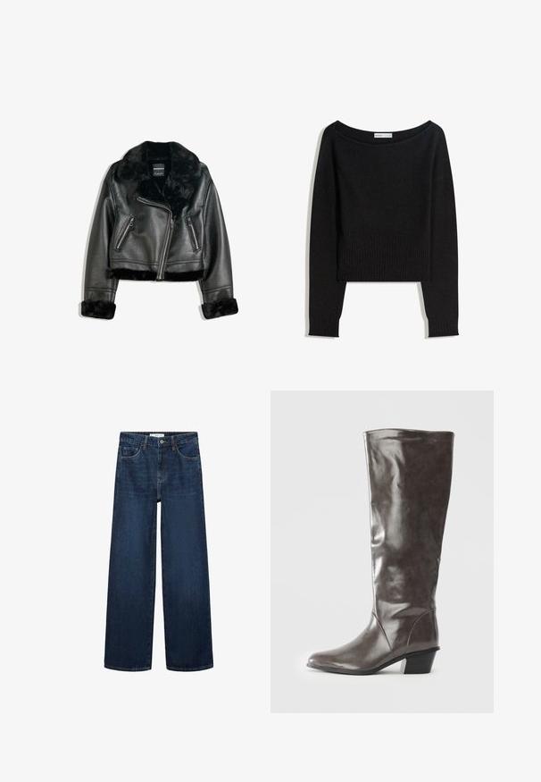 Jachetă de motociclist din piele ecologică neagră, cu guler, mansete și tiv din blană pufoasă, având fermoar diagonal și două buzunare frontale cu fermoar.; Pulover negru din tricot cu decolteu pe umeri, mâneci lungi și manșete și tiv tivuite. Confecționat din material moale și texturat.; Blugi din denim de culoare albastră închisă, cu croială largă și talie înaltă, prevăzuți cu cinci buzunare și închidere clasică cu nasture. Textură netedă și croială dreaptă.; Cizme din piele gri închis pentru femei înalte, cu toc mediu și vârf rotunjit, prezentate din lateral pe un fundal alb.