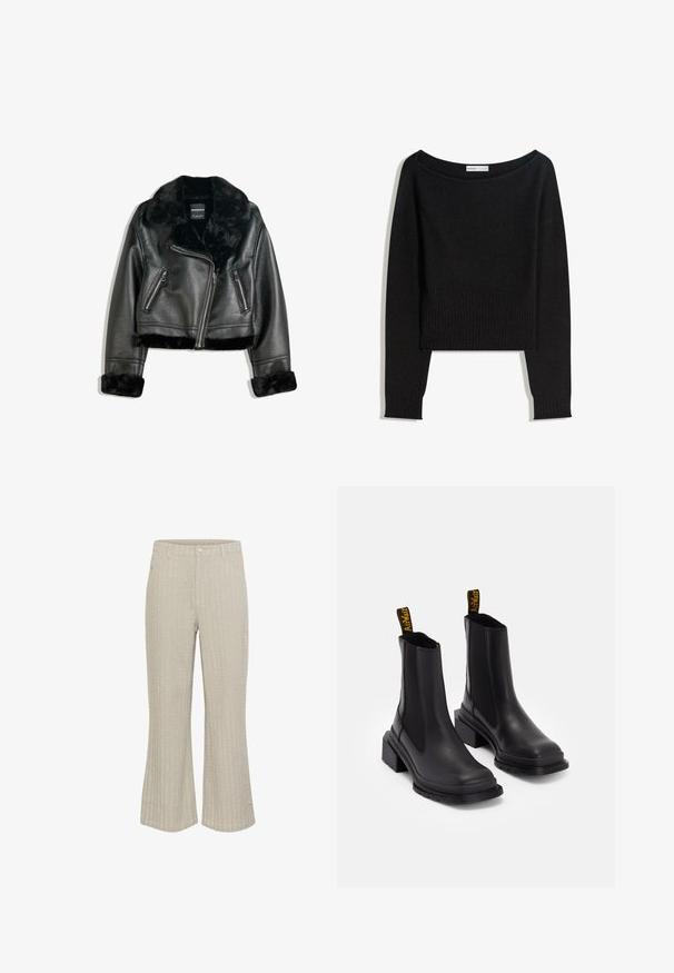 Sort faux læder bikerjakke med plyskrave, manchetter og bund, med diagonalt lynlås og to lynlåslommer foran.; Sort strikket trøje med skulderfri halsudskæring, lange ærmer og ribstrikkede manchetter og kant. Fremstillet af blødt, tekstureret materiale.; Beige buede bukser med tekstureret ribmønster, der har en frontlukning med knap og lommer. Stoffet ser blødt ud med en let glans.; Sorte ankelstøvler lavet af glat læder med elastiske sidepaneler, en kvadratisk tå og en kraftig hæl. Udstyret med gule mærkeforankringssløjfer.