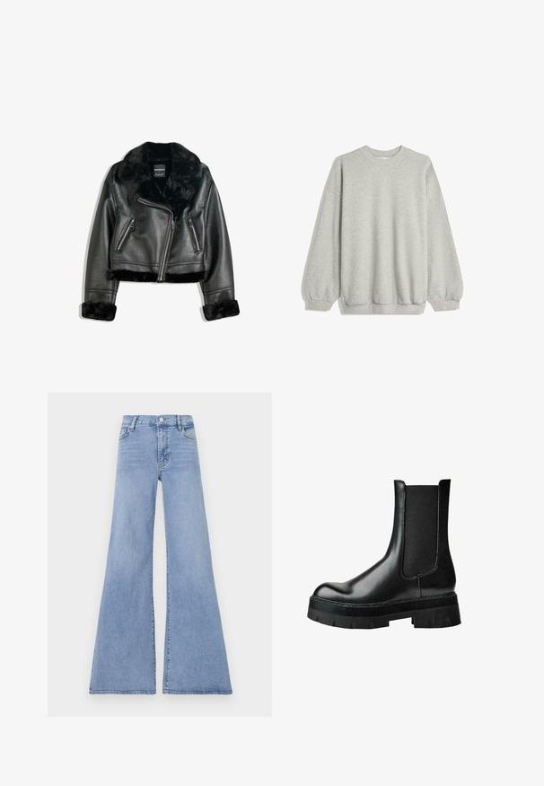 Black faux leather biker jacket with plush fur collar, cuffs, and hem, featuring diagonal zipper and two zippered front pockets.; Gray sweatshirt made of soft fabric, featuring a crew neck, long sleeves with elastic cuffs, and a relaxed fit. No patterns or accents.; Light blue flared jeans made of denim, featuring a high waist, five-pocket design, and subtle stitching details along the seams.; Black leather ankle boot with elastic side panel, round toe, chunky platform sole, and textured upper for added grip.