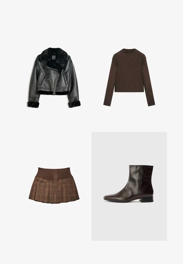 Schwarze Kunstleder-Bikerjacke mit plüschigem Fellkragen, -manschetten und -saum, diagonalem Reißverschluss und zwei Reißverschlusstaschen vorne.; Dunkelbrauner Pullover mit Rundhalsausschnitt und langen Ärmeln, leicht cropped und schlicht, nahtlos gestaltet.; Brauner karierter Rock mit einem gerippten Bund, verfügt über zwei Vorderseiten-Taschen mit Druckknöpfen, plissiertes Design und einen maßgeschneiderten Abschluss.; Brauner Leder-Stiefelette mit spitz zulaufender Zehe, glatter Textur, mittelhohem Absatz und schlichtem Design. Minimalistischer Stil ohne Verzierungen.