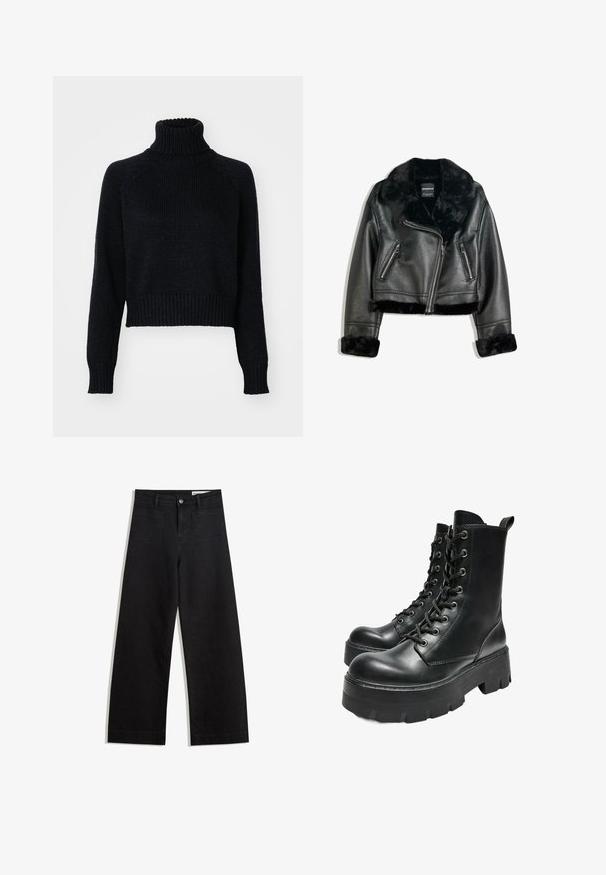 Black faux leather biker jacket with plush fur collar, cuffs, and hem, featuring diagonal zipper and two zippered front pockets.; Dark knitted turtleneck sweater with a cropped design, featuring ribbed cuffs and hem, and a textured weave throughout.; Black wide-leg denim pants with a high waist, featuring front and back pockets, stitched seams, and a button closure. Smooth texture.; Bershka TRACK - Platform ankle boots - black