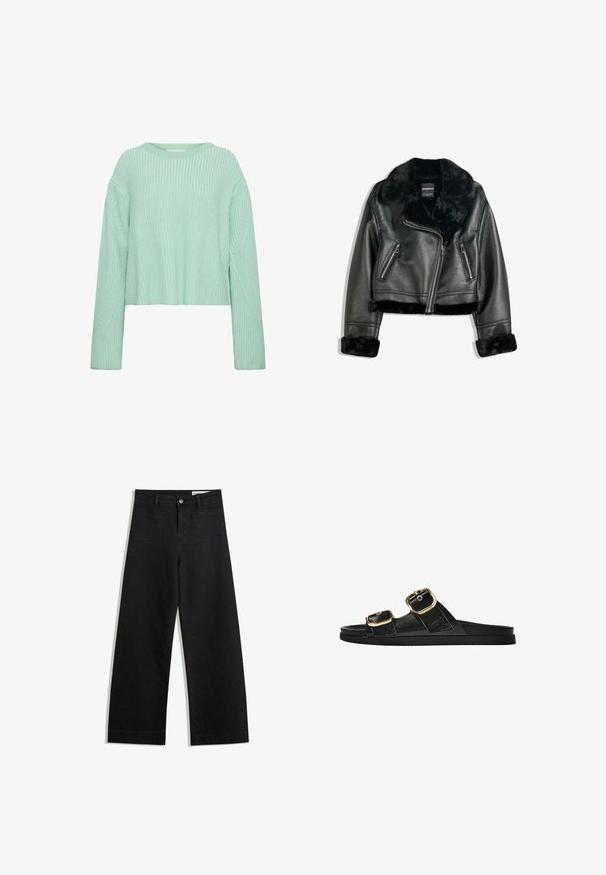 Musta keinonahkainen biker-takki, jossa on ylellinen turkiskaulus, hihansuut ja helma. Takissa on viisto vetoketju ja kaksi vetoketjullista etutaskua.; Vaaleanvihreä lyhytneule, jossa on ribbitekstuuri, pitkät hihat ja erottuvat vinomallit vartalossa ja hihoissa.; Mustat leveät farkut korkealla vyötäröllä, joissa on etu- ja takataskut, ommellut saumat ja nappisuljenta. Silkinoinen rakenne.; Musta liukusandaali, jossa on kaksi kultaisesta solkesta tehtyä korostusta, sileäpintainen materiaali, litteä pohja ja minimalistinen muotoilu.