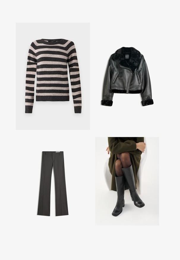 Czarna kurtka motocyklowa z sztucznej skóry z puszystym futrzanym kołnierzem, mankietami i dołem, z ukośnym zamkiem błyskawicznym oraz dwoma przednimi kieszeniami zapinanymi na zamek.; Sweter w czarno-beżowe paski, okrągły dekolt, długie rękawy, żebrowany dół, miękka tekstura, z równomiernie rozmieszczonymi poziomymi paskami.; Szare spodnie w fasonie dzwonów, wykonane z gładkiego materiału, z płaskim przodem, paskami do paska oraz skrojonym krojem o czystych liniach.; Kozaki skórzane do kolan w kolorze czarnym, z kwadratowym noskiem i słupkowym obcasem, pokazane na modelce siedzącej w oliwkowej zielonej kurtce. Gładka tekstura, minimalne detale.