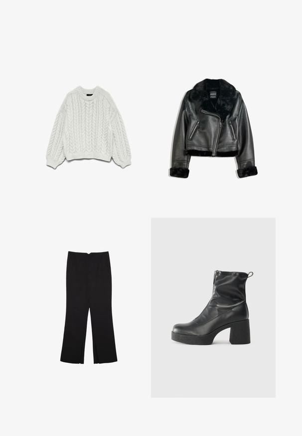 Schwarze Kunstleder-Bikerjacke mit plüschigem Fellkragen, -manschetten und -saum, diagonalem Reißverschluss und zwei Reißverschlusstaschen vorne.; Weißer Strickpullover mit einem Zopfmuster, rundem Ausschnitt und langen Ärmeln mit gerippten Bündchen und Saum.; Schwarze Hose mit geradem Schnitt, ausgestattet mit Fronttaschen und Seitenschlitzen am Saum. Hergestellt aus weichem, glattem Stoff. Geeignet für verschiedene Anlässe.; Schwarze Stiefeletten aus glattem Leder mit seitlichem Reißverschluss, klobigem strukturiertem Absatz und runder Zehenform.
