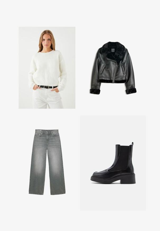 Giacca da motociclista in finta pelle nera con colletto, polsini e bordo in pelliccia morbida, caratterizzata da una zip diagonale e due tasche frontali con zip.; Maglione bianco a coste con scollo rotondo, vestibilità rilassata e maniche lunghe, abbinato a jeans bianchi a vita alta e a una cintura nera.; Jeans in denim grigio a gamba larga con una leggera texture sbiadita, design a cinque tasche e chiusura classica con bottone e zip.; Stivali Chelsea neri con tacco spesso, caratterizzati da una tomaia in pelle lucida e pannelli elastici laterali per una facile calzata. Suola in gomma solida.