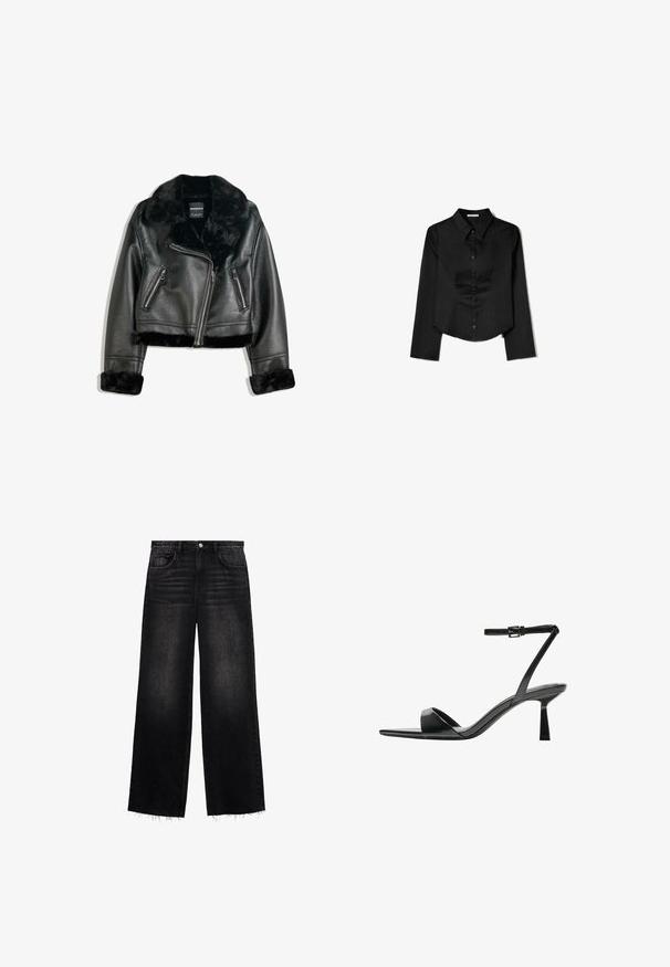 Črna umetna usnjena kratka jakna za motoriste s puhasto krzneno ovratnico, zapestji in robom, z diagonalnim zadrgo in dvema zadrgo zaprtima sprednjima žepoma.; Črna srajca dolgimi rokavi, izdelana iz gladkega materiala, z ostrim ovratnikom, sprednjim gumbom in krajšo obrobo z stranskimi razpoki.; Črne široke jeans hlače iz denima. Imajo visok pas, pet žepov in raztrgan rob z rahlim učinkom bledenja. Redna kroj.; Bershka Sandali z visoko peto - black