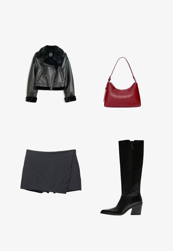 Črna umetna usnjena kratka jakna za motoriste s puhasto krzneno ovratnico, zapestji in robom, z diagonalnim zadrgo in dvema zadrgo zaprtima sprednjima žepoma.; Črna srajca dolgimi rokavi, izdelana iz gladkega materiala, z ostrim ovratnikom, sprednjim gumbom in krajšo obrobo z stranskimi razpoki.; Črna mini krila s pinstripe vzorcem in ovitim dizajnom, narejena iz gladke tkanine. Ima čiste linije in brez vidnih zapiral. ; Črne gležnjarje do kolen iz gladkega usnja, z ostrim nosom, blokinim peto in V-oblikovanim izrezom na vrhu.; Rdeča usnjena torba za ramo z ukrivljeno obliko, gladko teksturo in zadrgo. Ima tanek ročaj za nošenje.