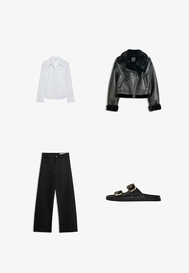 Černá faux kožená motocyklová bunda s plyšovým límcem, manžetami a spodním lemem, s šikmým zipem a dvěma zipovými předními kapsami.; Bílá košile s dlouhým rukávem, límečkem, zapínáním na knoflíky, dvěma náprsními kapsami, rovný lem a mírně rozšířenými rukávy, vyrobená z hladkého materiálu.; Černé denimové kalhoty s volným střihem a vysokým pasem, vybavené předními a zadními kapsami, prošívanými švy a knoflíkovým zapínáním. Hladká textura.; Černé kluzné sandály s dvěma zlatými sponami, hladkým texturovaným materiálem, plochou podrážkou a minimalistickým designem.